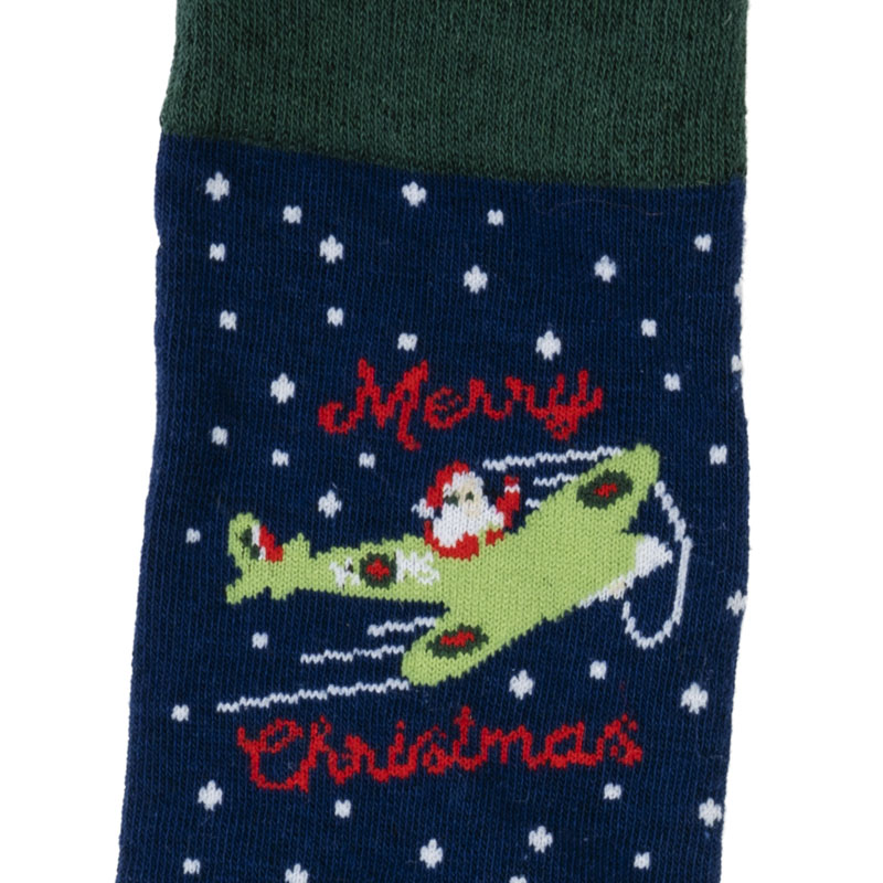 santa in a spitfire 2021 christmas socks design detail blue and green